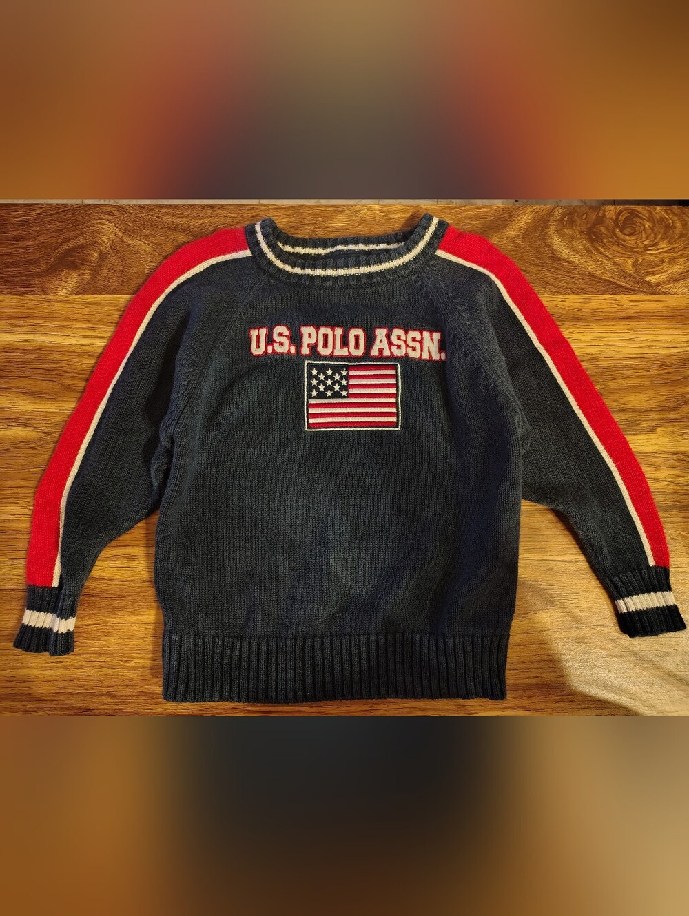 U.S. Polo Assn. Navy Crewneck Sweater with Red & White Sleeve Stripes
